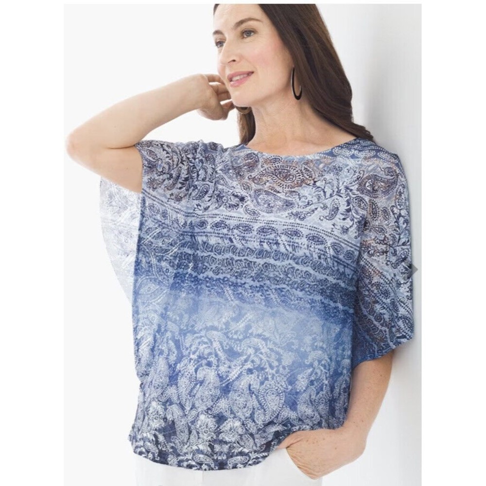Chico’s Top Size Small 1 Retro Boho Blue White Semi Sheer Lace Bat Wing Paisley